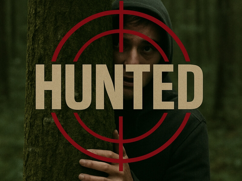 Hunted logo in front of a man lost in the woods