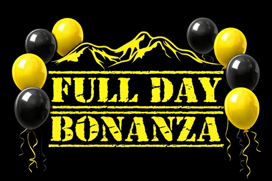 Full Day Bonanza surrounded by black and yellow balloons