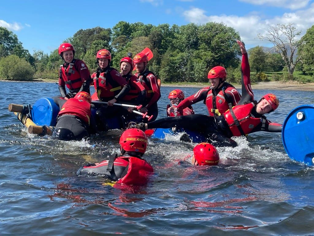 Group raft building in the Lake District in summer