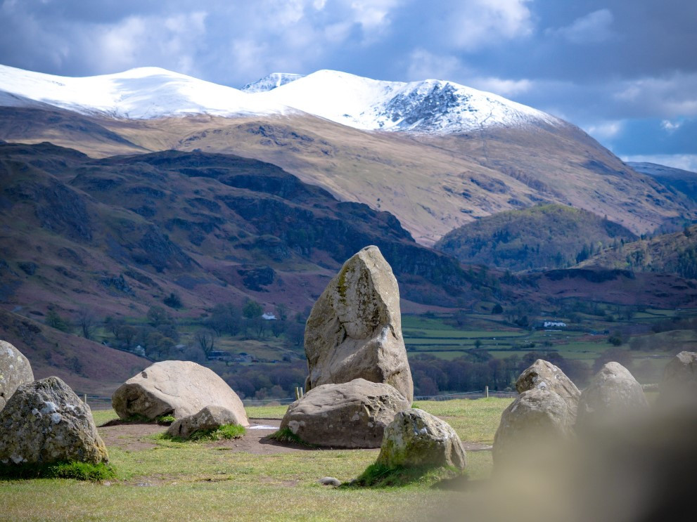 Castlerigg Stone Circle with snowy mountains in the background