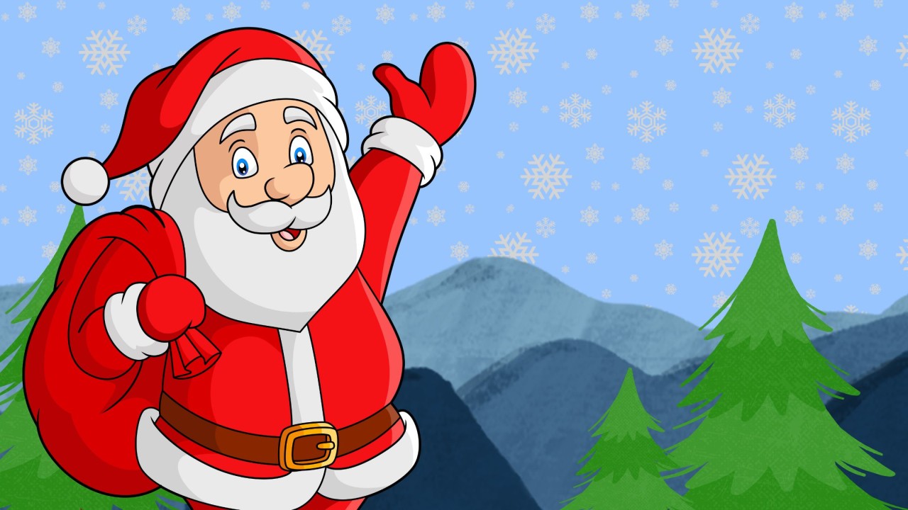 Graphic of Father Christmas waving in front of mountains